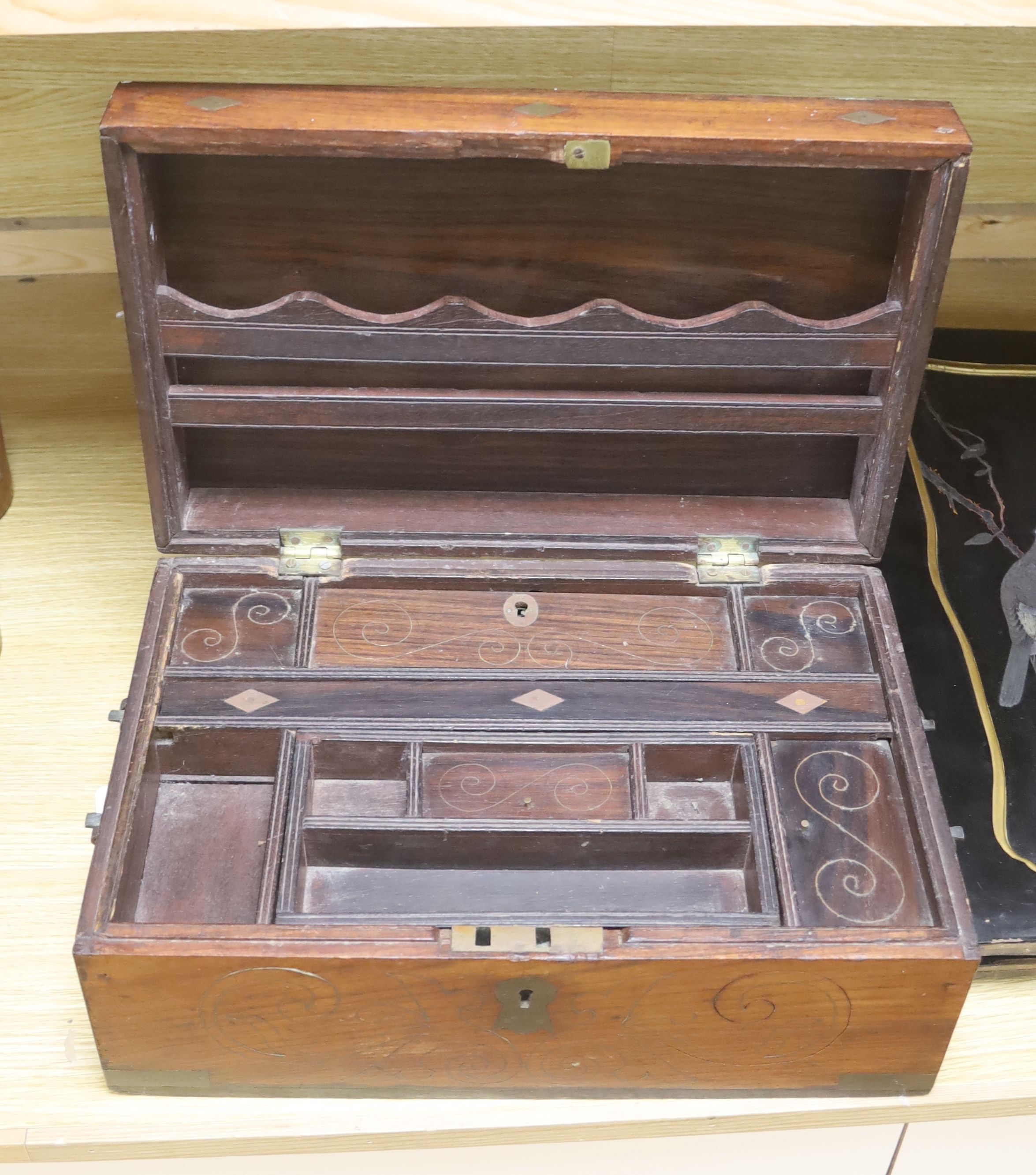 A 19th century Indo-colonial brass inlaid hardwood travelling chest, length 42cm